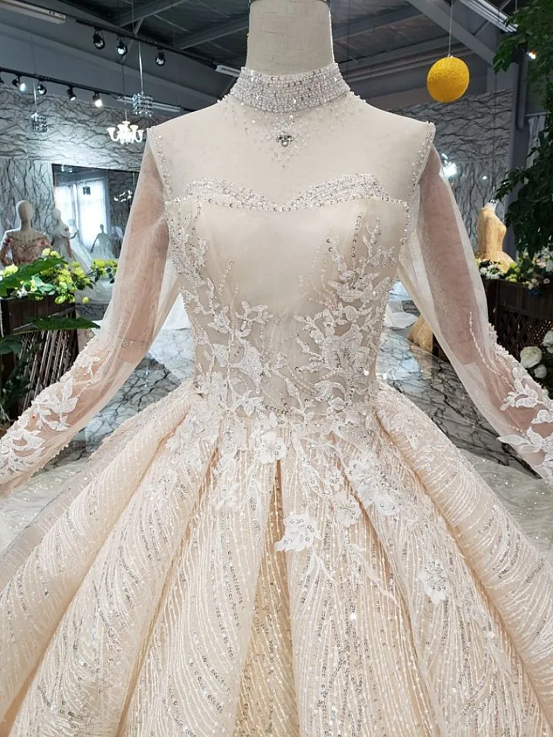 Женское свадебное платье со шлейфом SSYFashion роскошное с длинным рукавом