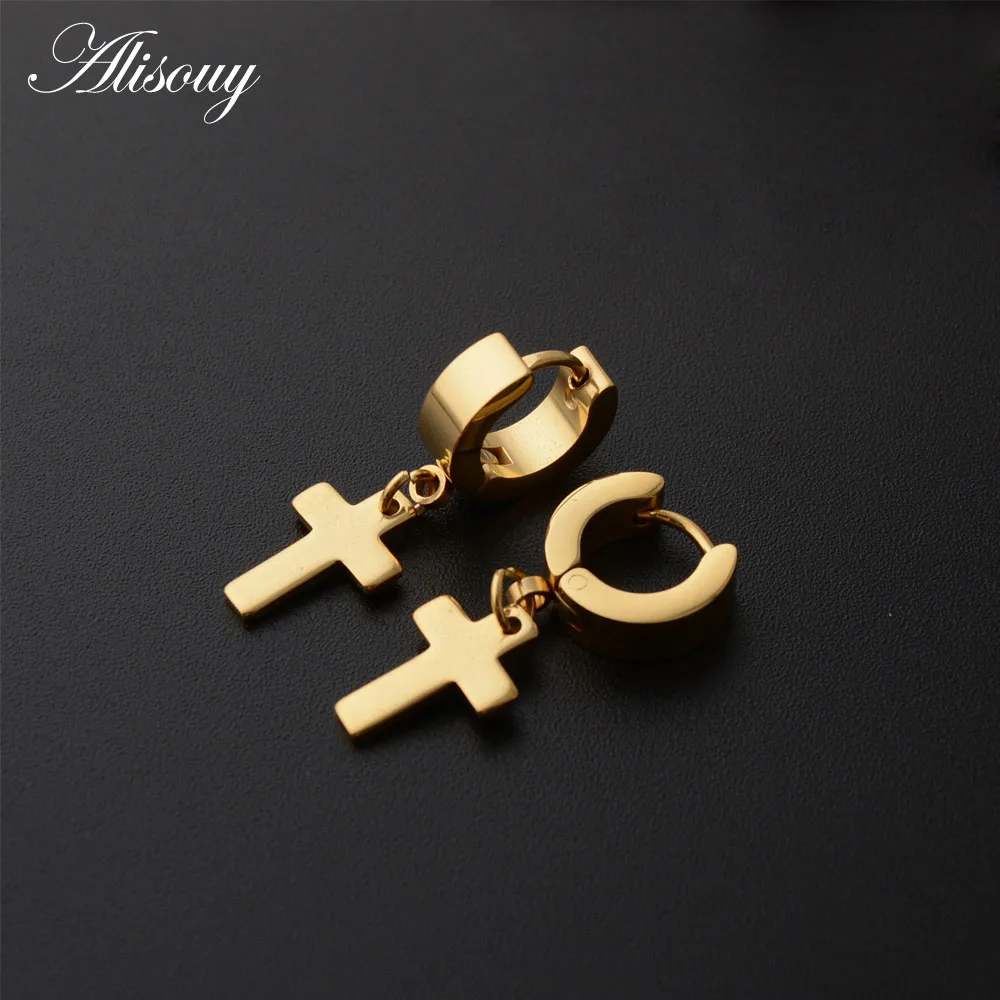 Pierced 7mm Gold Alisouy для мужчин и женщин из нержавеющей стали серьги-подвески в стиле панк крест Huggie серьги круг Простой ушной пряжки - Окраска металла: Pierced 7mm Gold