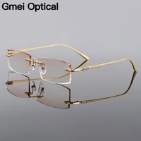 gmei optical rectangle golden titanium alloy mens diamond trimming rimless glasses frame gradient brown tint plano lenses q6607