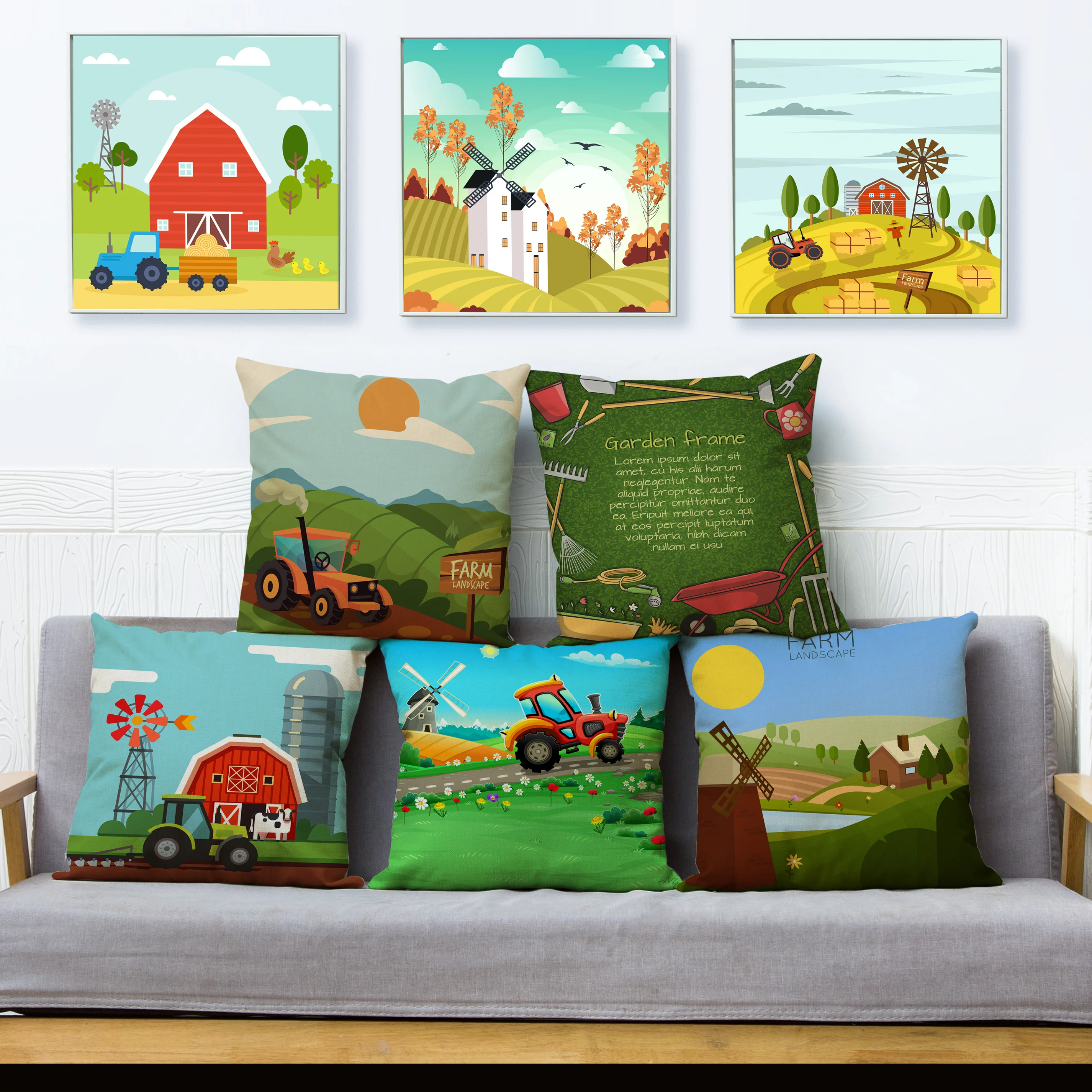 

Modern Home Decor Cushion Cover Cartoon Farm Pasture Print Pillowcase 45*45 Square Pillow Covers Beige Linen Throw Pillowcase