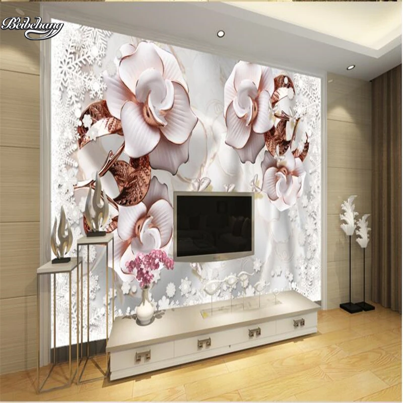 beibehang Luxury diamond flowers 3d jewelry TV background wall custom large fresco non woven fabric wallpaper Papel de parede