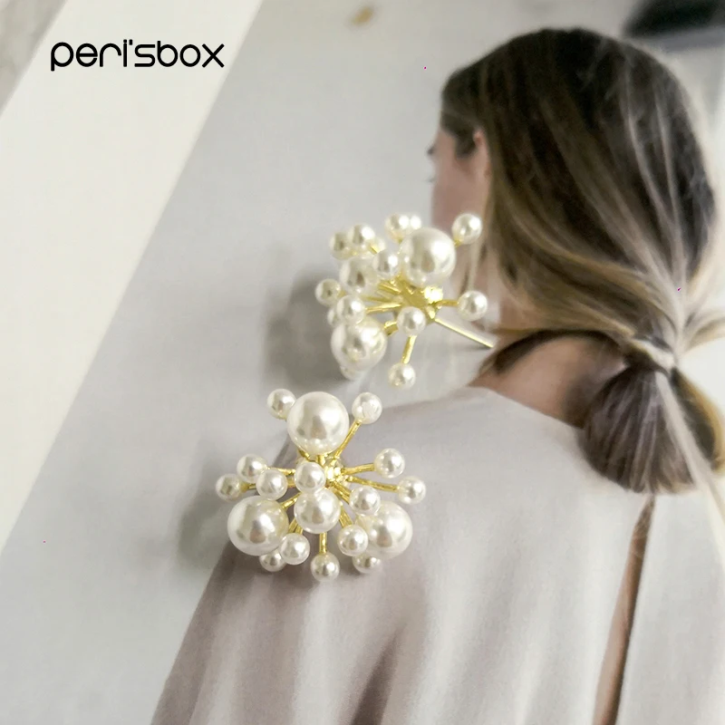 Серьги-гвоздики Peri'sbox с множеством белых жемчужин для женщин, свадебные украшения, фейерверк, жемчужные шпильки, свадебные серьги
