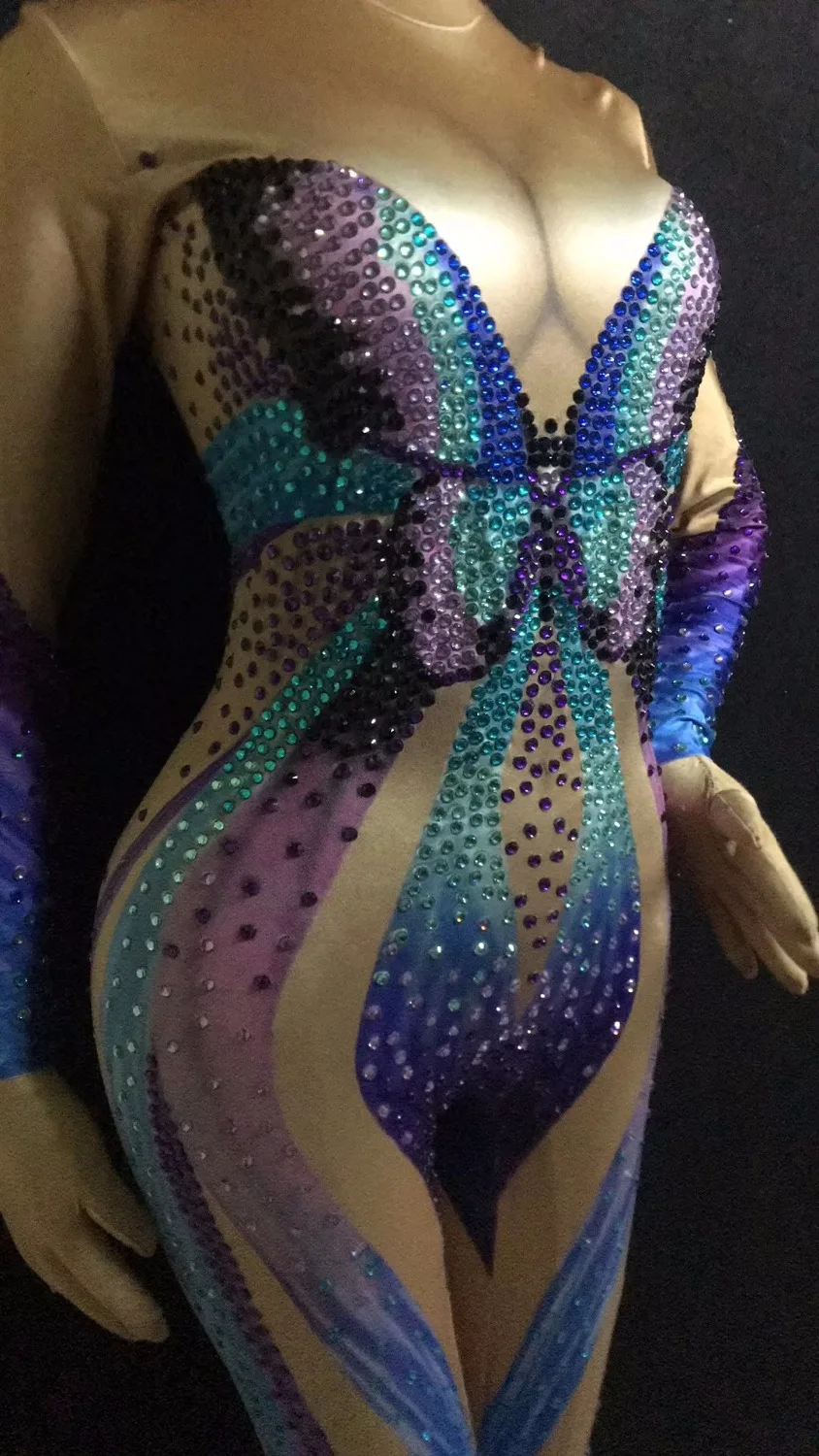 Female costume blue Butterfly Rhinestones Jumpsuit Sexy Stretch Crystals Bodysuit Bar Singer Stage wear performance Party | Женская