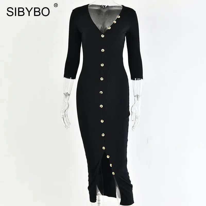 Черный SIBYBO ребристые спереди сплит сексуальное длинное платье женское с v-образным вырезом 3/4 рукав осенние вечерние платья Твердые пуговицы хлопок женские повседневные платья - Цвет: Черный
