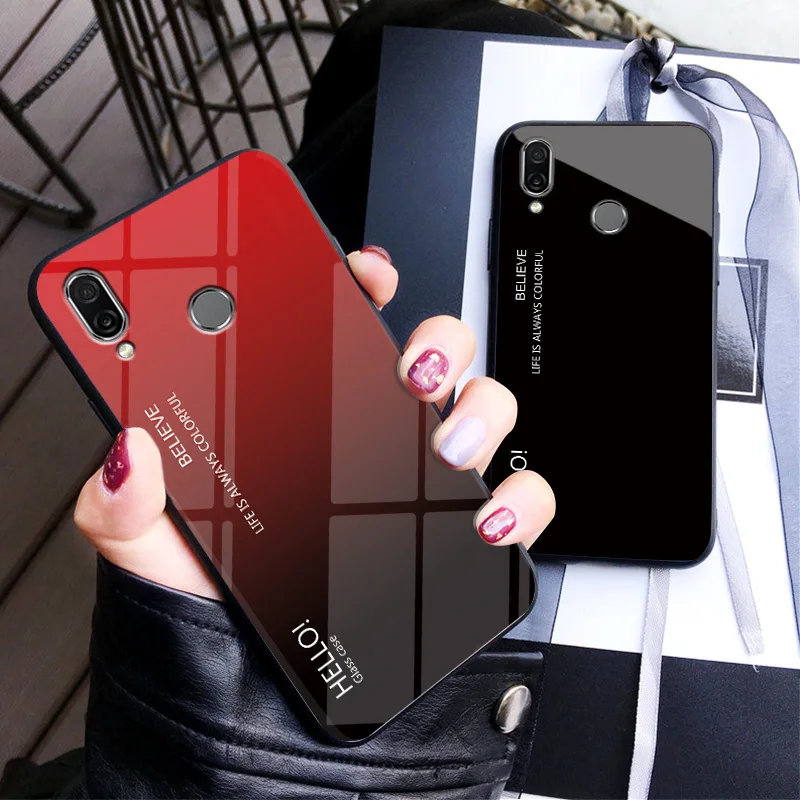 Tempered Glass Case for Xiaomi Redmi Note 7 Shockproof Colorful Gradient Soft Silicone Cover |