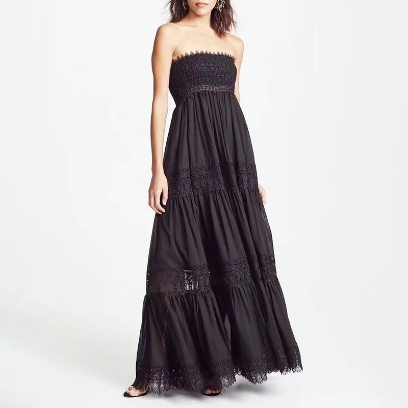 black TWOTWINSTYLE кружевное лоскутное женское платье с открытыми плечами без бретелек, высокая талия, длина по щиколотку, Платья для вечеринок, Женская мода, новинка - Цвет: black