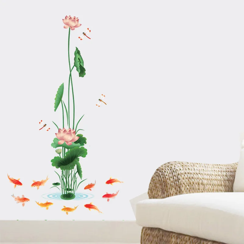3D Wall Art 90*150cm Chinese Style Lotus Flower Fish Vinyl Sticker Living Room Bathrom Decoration Nature Posters Mural | Дом и сад