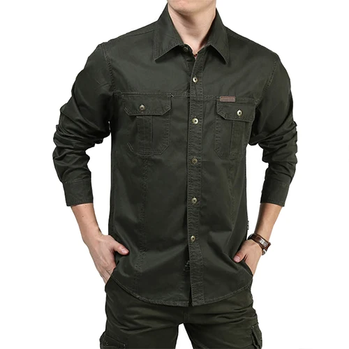 Green TACVASEN Men Cargo Shirts Summer Long Sleeve Cotton Work Shirts Military Army Tactical Shirts Solid Loose Man Clothing Plus Size - Цвет: Green
