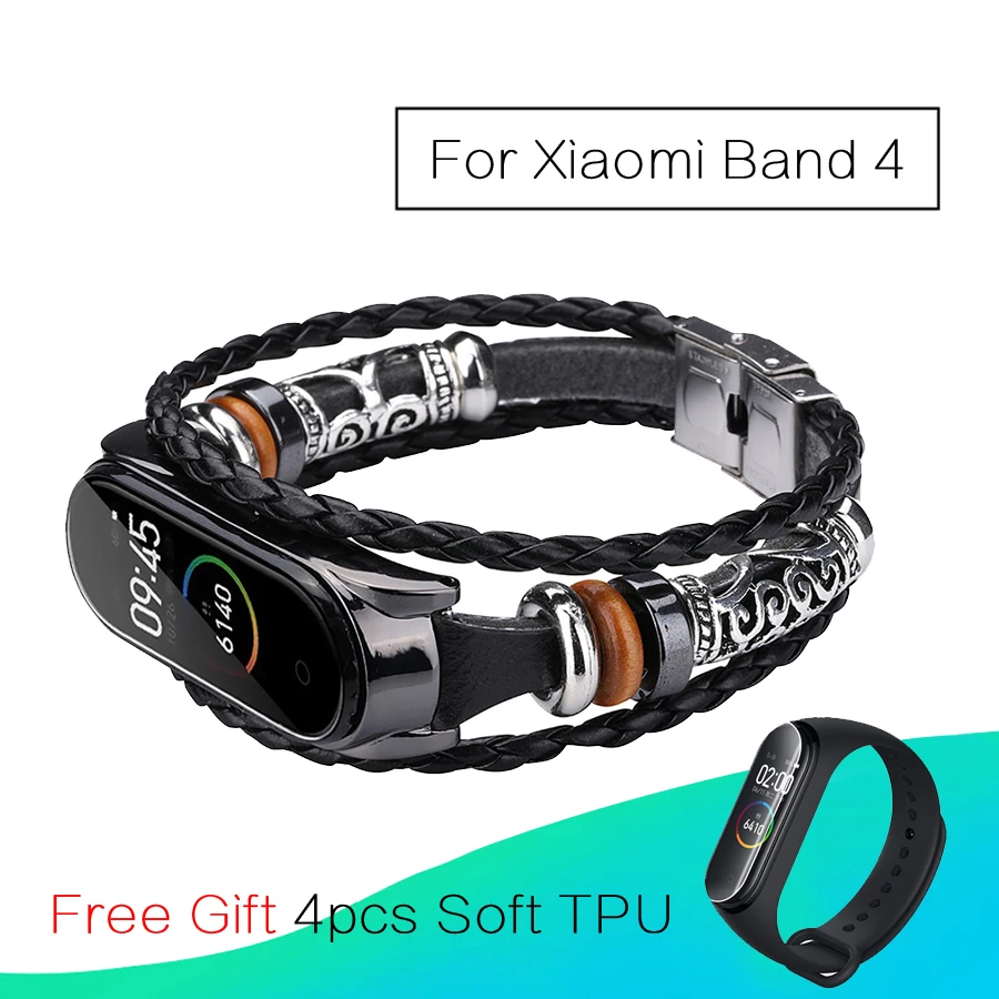 Кожаный плетеный браслет для Xiaomi Mi Band 4 аксессуары с металлическим корпусом
