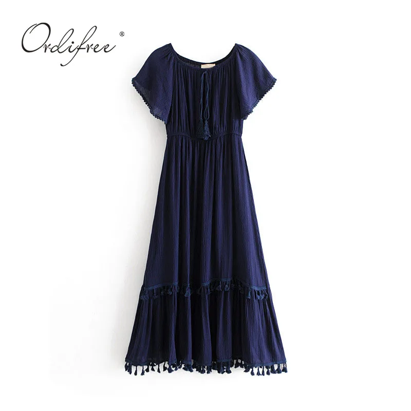 Ordifree/лето ; Boho; Женское Платье макси с открытыми плечами; с вырезом лодочкой; с кисточками; цвет желтый, белый; сексуальное длинное пляжное платье-туника