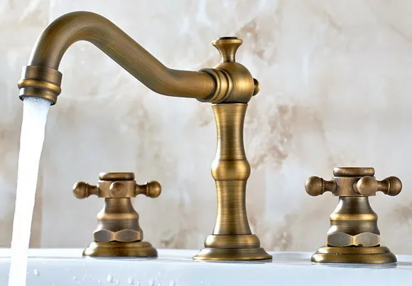 

Antique Brass Deck Mounted Dual Cross Handles Bathroom Vessel Sink Basin Faucet Mixer Taps anf055