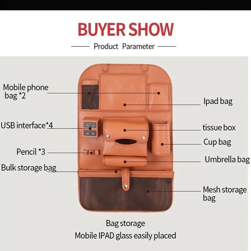 4 USB Charger Storage Pu Leather Travel Multifunction Pocket Stowing Tidying Auto Accessories Car Seat Back Bag Car Organizer