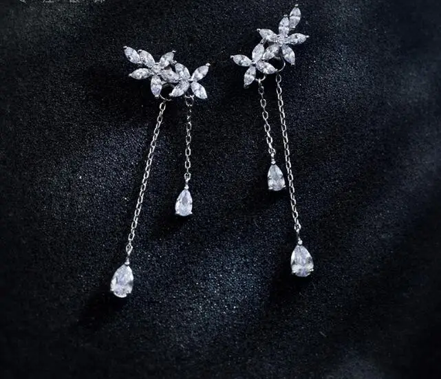 

100% REAL. 925 Sterling Silver Fine Jewelry White CZ AAA+ Leaf Branch Flower Tassel Long Earrings Climber Cuff Piercing GTLE2160