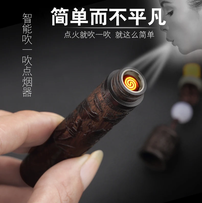 Винтажная Электронная зажигалка для сигарет с резьбой по дереву, мини usb-зарядка, плазменная дуговая зажигалка, мундштук, гаджеты, подарки для мужчин