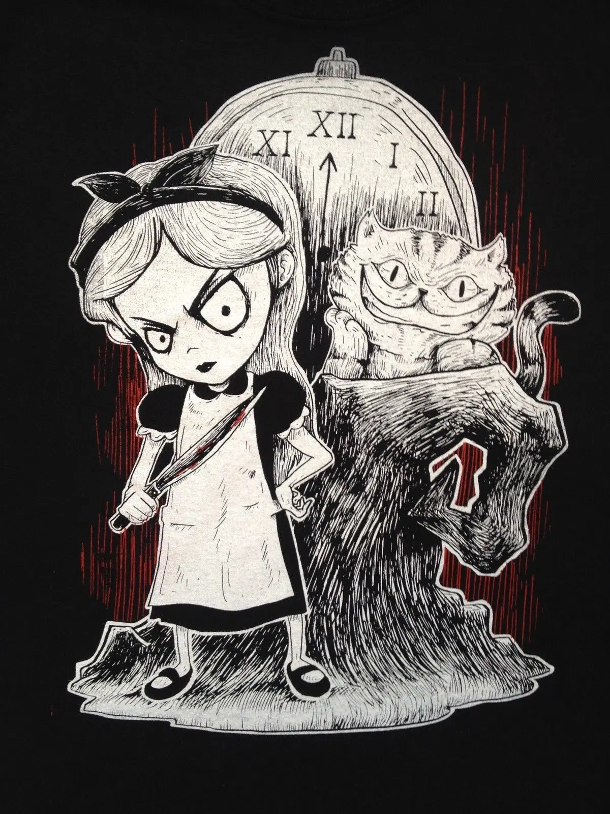 Gothic Alice in Wonderland T-Shirt Mens evil mad nightmare cheshire burton rock 100% Cotton Short Sleeve O-Neck Tops Tee Shirts | Мужская