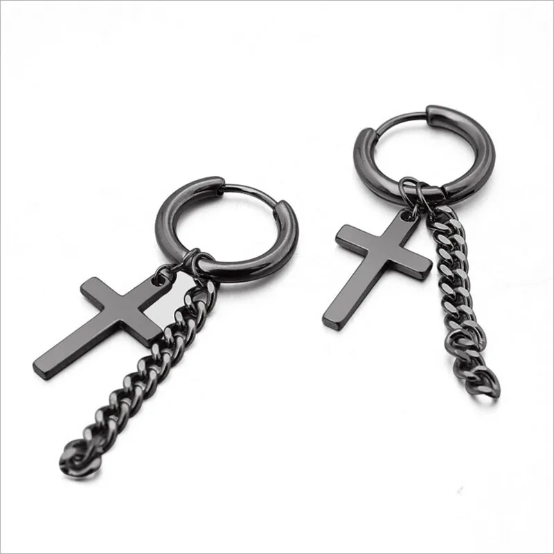 Панк Черный цвет Цепочка кисточкой из нержавеющей стали крест серьги гвоздики