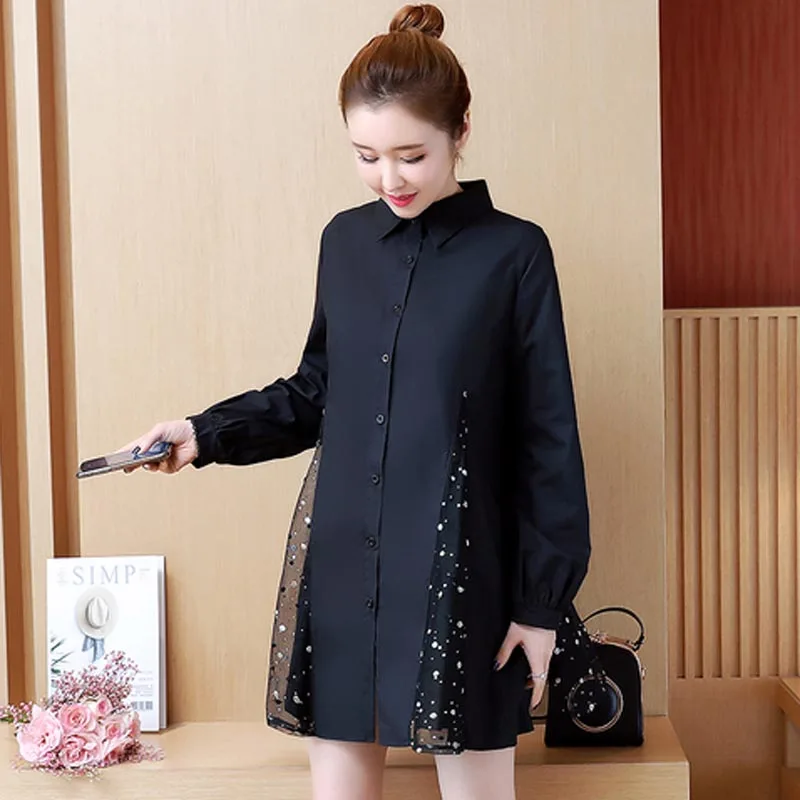YICIYA, плюс размер, рубашка, блузка, топ, XXXL, 4xl, 5xl, женские блузки, черный, длинный рукав, сетка, прошитая, зима, весна, элегантная одежда - Цвет: black