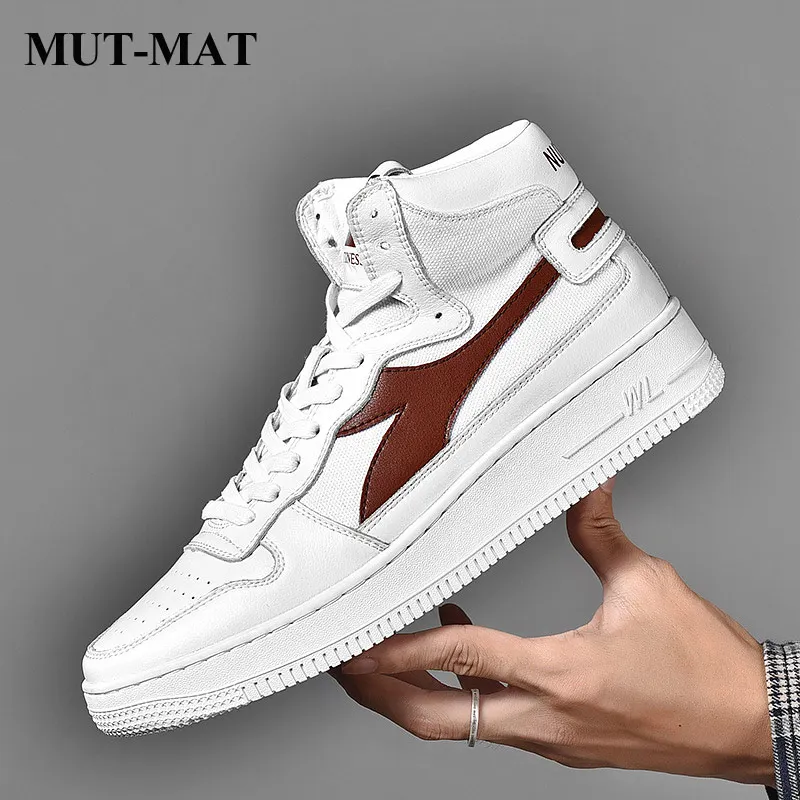 Для мужчин обувь из натуральной кожи кроссовки с высоким берцем модная мягкая