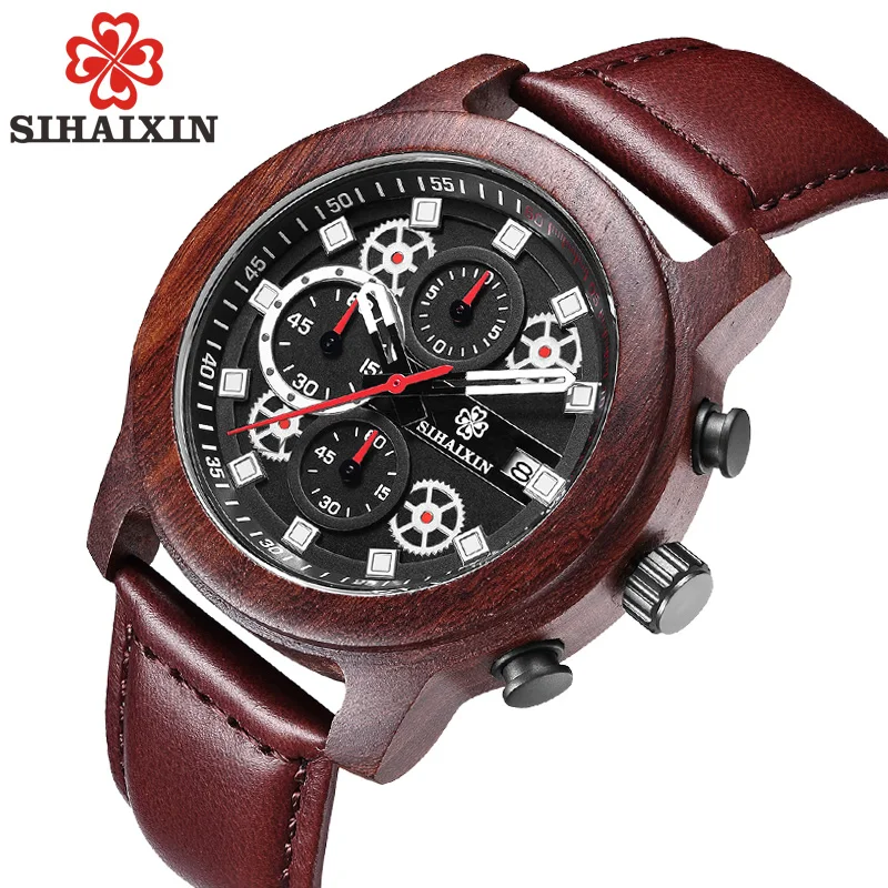 SIHAIXIN деревянные часы для мужчин Дата водонепроницаемые с кожаным ремешком