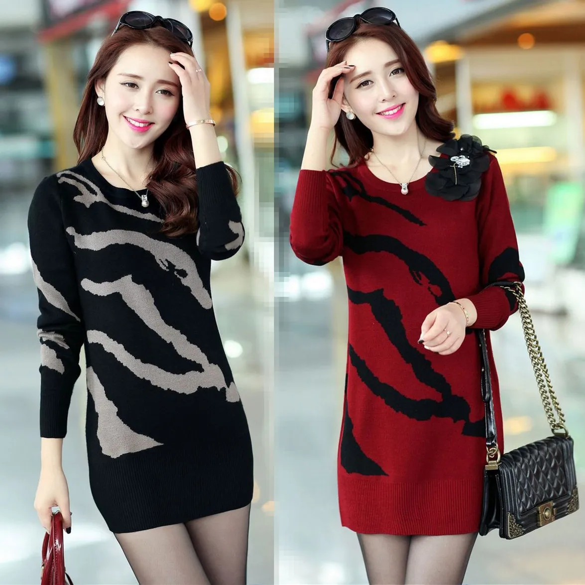 Spring women's medium-long mother sweater clothing quinquagenarian cashmere one-piece dress | Женская одежда