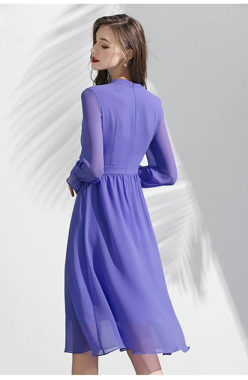 Новое Женское платье Весна с длинным рукавом высокое качество фиолетовые шифоновые элегантные платья
