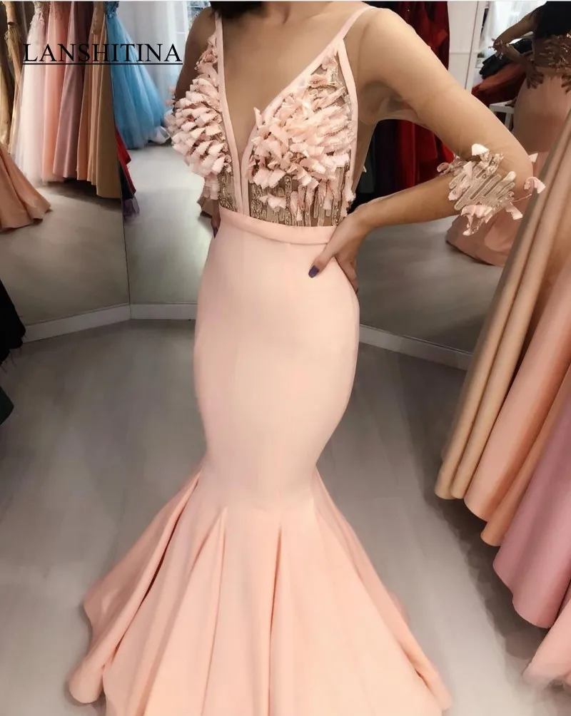 Сексуальные сетчатые Длинные рукава Бальные платья русалки перо v образным