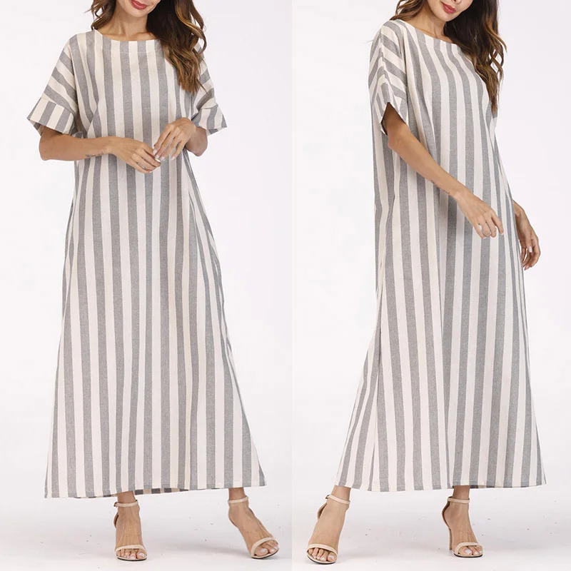 Летние женские полосатые макси платья с короткими рукавами Повседневные