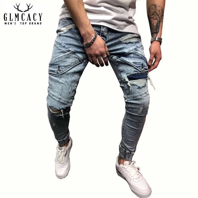 Мужские рваные проблемных хип хоп Уличная Рваные джинсы Slim Fit прямые синие Винтаж