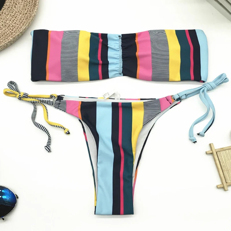 Микро бандо Бикини 2019 Цветной полосатый купальник Женский Бандаж пуш-ап