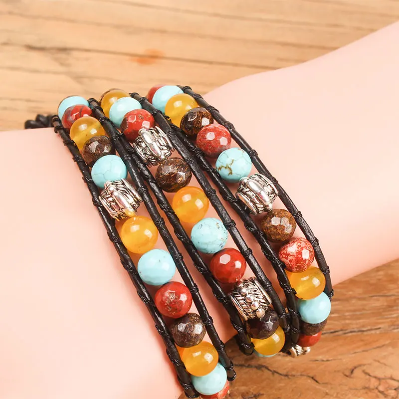 

Balibali Newest 2.7 cm Width Amazon Stone Handmade Wrap Bracelet men Vintage Double Leather Woven Bracelet for Women Jewelry