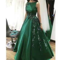 green prom dresses 2019 lace appliques embroidery flowers a line bateau neckline satin floor length evening dresses gowns