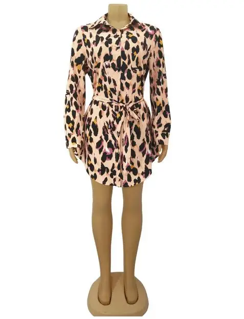 Лето 2019 модный стиль Леопардовый принт длинный рукав платье-рубашка |