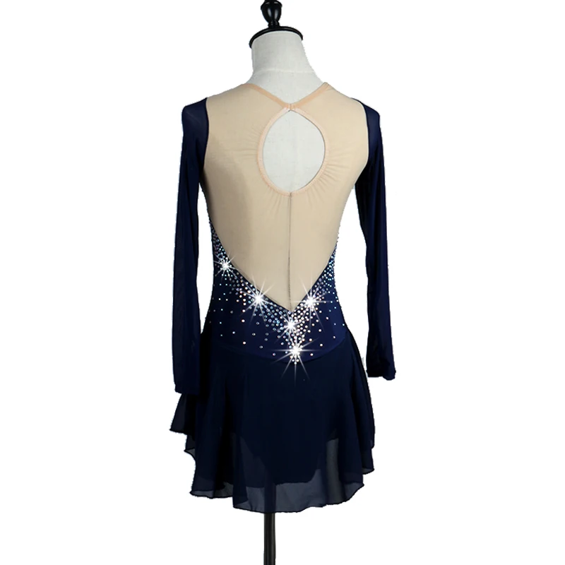 Платье женское для катания на коньках с блестками из синего спандекса|ballroom wear|latino