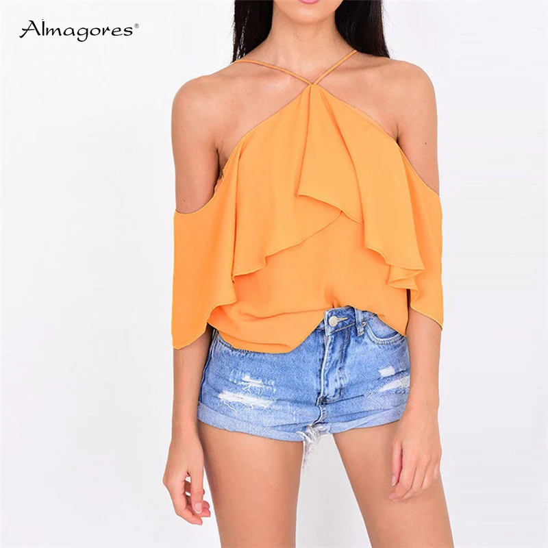 Новинка 2018 г. модные дамы жилет летние Для женщин Повседневное Off Shoulder Ruffle Холтер