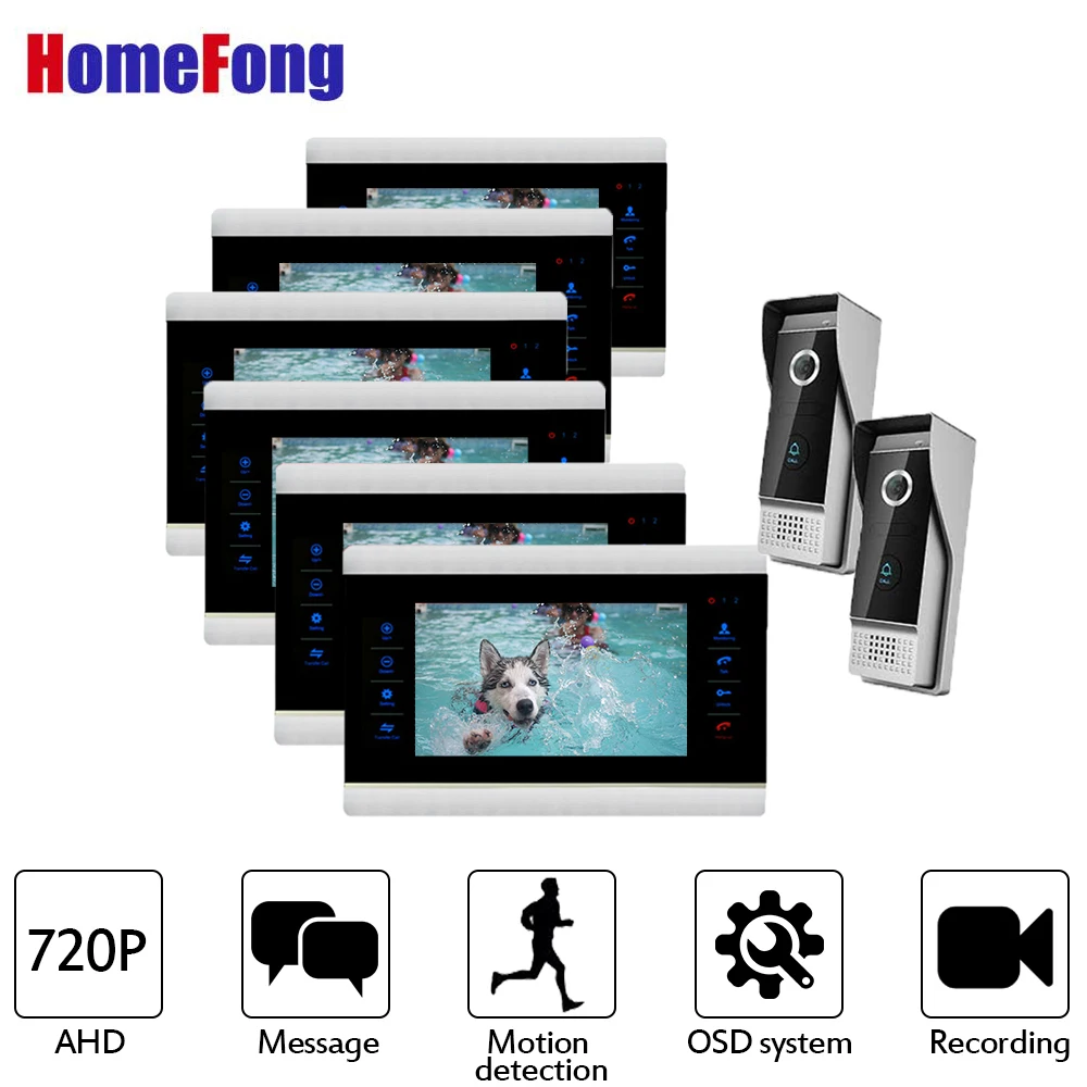 Видеодомофон Homefong 720P 6 мониторов 7 дюймов внутренние мониторы 2 наружных дверных