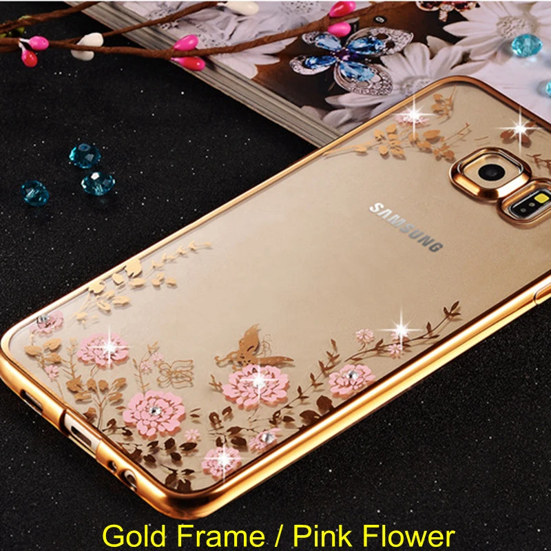 Прозрачная крышка для samsung Galaxy A30 A50 M20 M10 S10E S10 S9 S8 J4 J6 A6 A8 плюс A9 A7 S7edge Note9 чехлы с цветами и бриллиантами мягкий чехол - Цвет: GoldPink