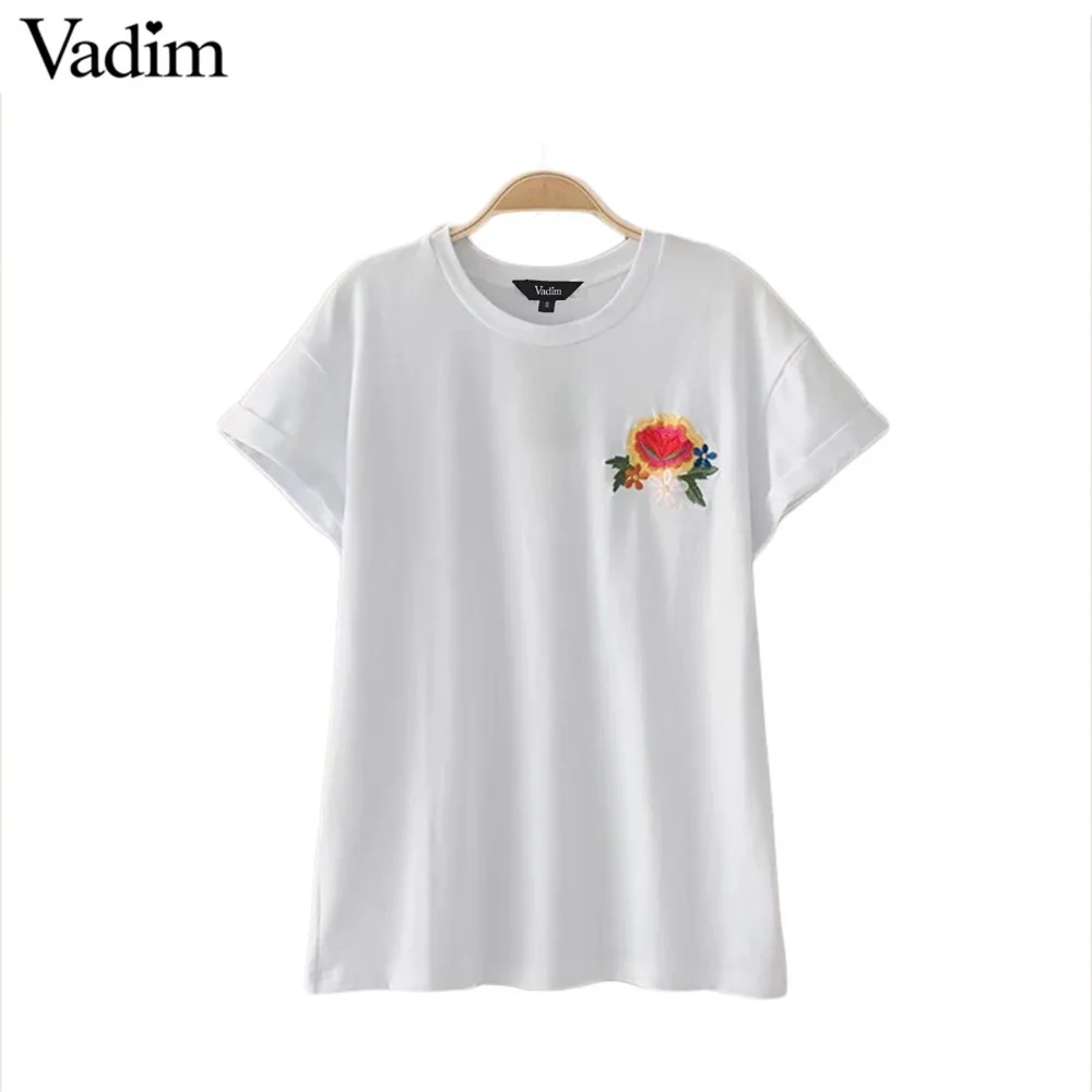 Вадим милый женский цветочный вышивка футболка О образный вырез короткий рукав