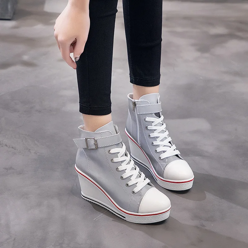 Светящиеся женские холщовые кроссовки на танкетке и высоком каблуке