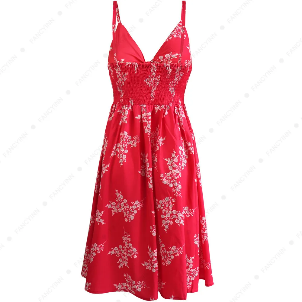 Summer Dress 2018 Women Sexy Deep V-Neck Red Flower Print Dresses Hem Folds Bohemian Style Bow Backless Beach |