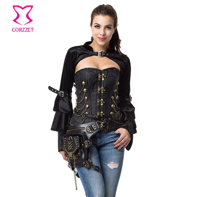 Black Overbust Steel Boned Corsets And Bustiers Vintage Gothic Corset Steampunk Clothing Women Plus Size Sexy Burlesque Costumes