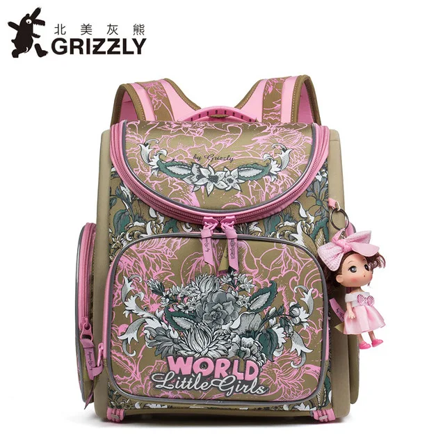 Детские ортопедические рюкзаки GRIZZLY, Водонепроницаемый Школьный рюкзак, высококачественные нейлоновые школьные сумки, Детские эргономичные дизайнерские сумки для книг для девочек - Цвет: Небесно-голубой