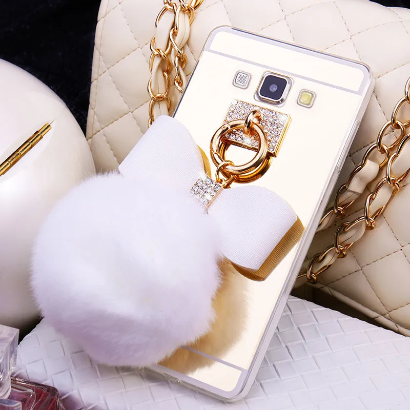 Ainike Rabbit Fur Ball Bowknot Diamond Mirror Soft TPU Phone Back Cover Case For Samsung Galaxy S9 A8 J510 J7 Prime Note5 J5 C9 |