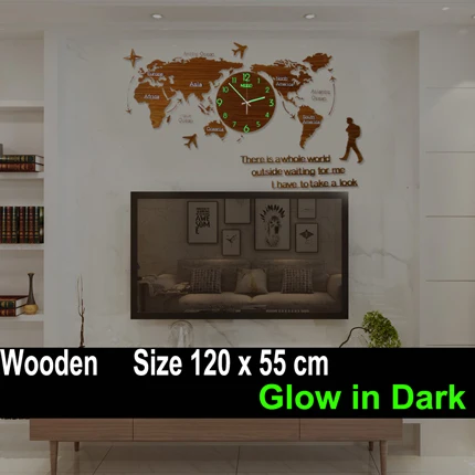 Wood 120x55cm Light Карта мира большие настенные часы современный дизайн 3D наклейки Подвесные часы светящиеся в темноте уникальные часы настенные часы домашний декор бесшумные - Цвет: Wood 120x55cm Light