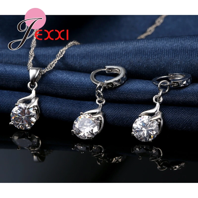 Unique Ladies Cubic Zirconia Elegant Pendant Necklace Dangle Earrings Appointment Gifts Women 925 Sterling Silver Jewelry Sets | Украшения