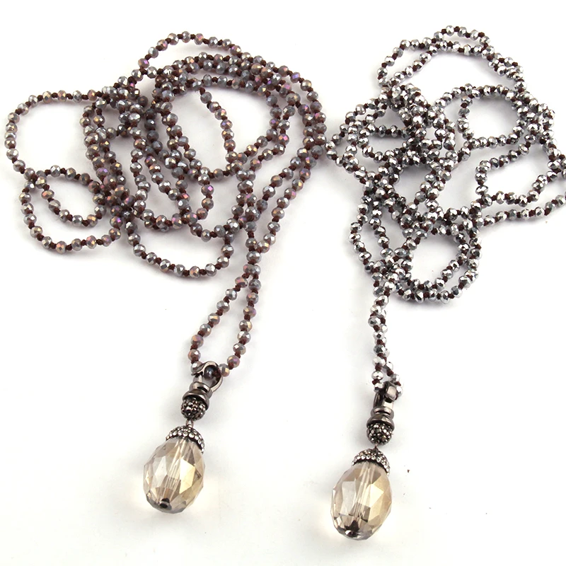 

Free Shipping Fashion 4mm Mini Glass Bead Knotted Glass Crystal Drop Pendant Necklaces Women Lariat Necklaces