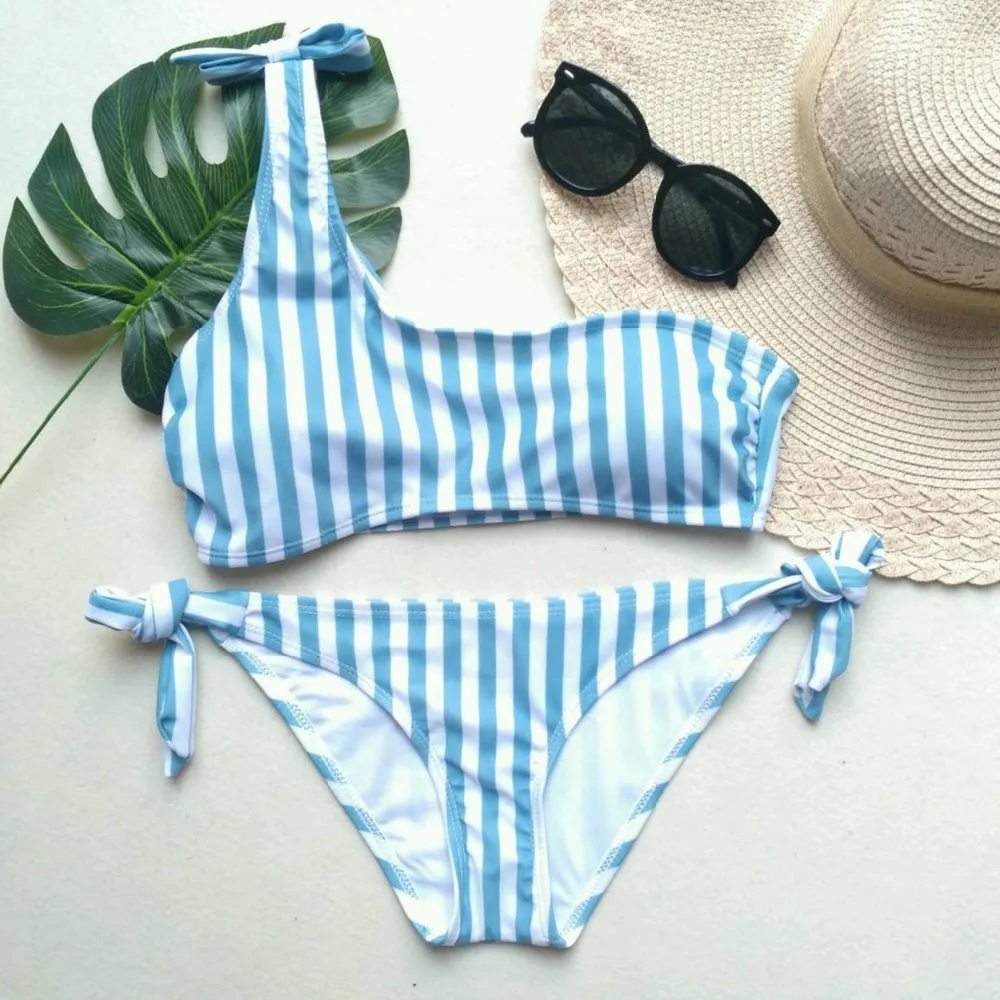 Girl One Shoulder Swimwear Pushed Up Women Striped Bikini Set Bathing Suits Two Pieces Bandaged Monokini Beach Wear | Спорт и