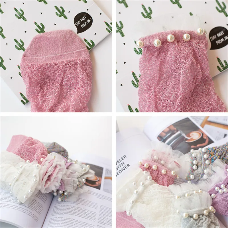 Носки женские шелковые короткие с жемчугом тонкие мягкие милые кристаллами 1