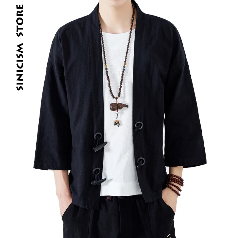 Sinicism Store мужские хлопковые льняные рубашки, японское кимоно с роговой пряжкой, мужской китайский традиционный костюм, открытая Корейская рубашка