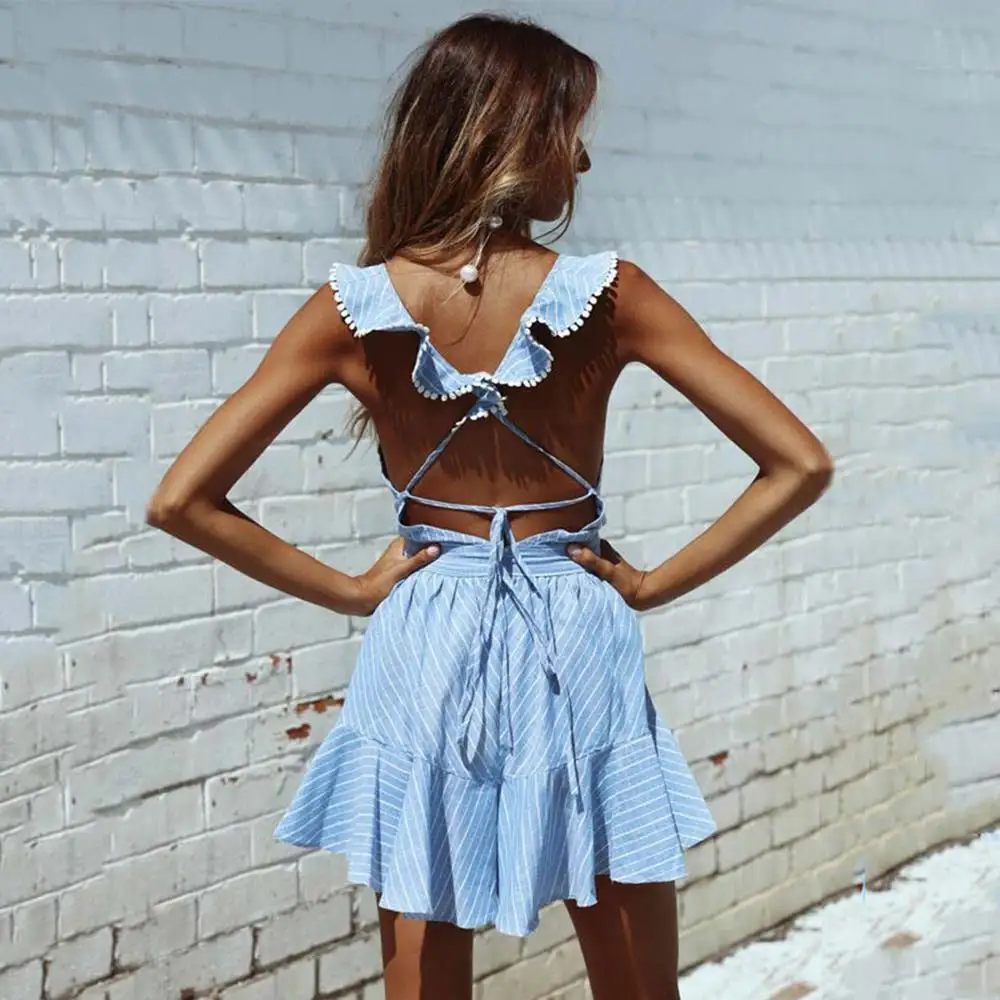 

WildPinky 2020 Deep V Neck Sexy Beach Dress Ruffle Stripe Short Women Sleeveless Casual Bohemian Lace Up Backless Dress Vestidos