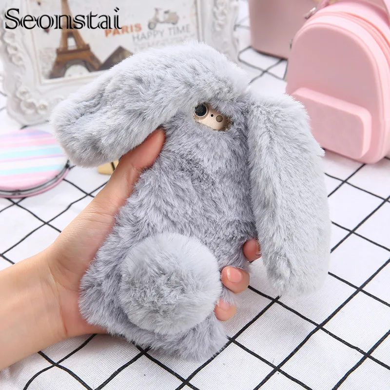 

For iPhone Xs Max XR Cute Rabbit Ear Furry Phone Case for iPhone 8 7 6 6s Plus Hairy Warm Fur Bling Rhinestone Plush Bunny Cover